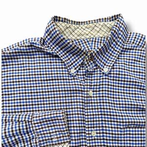 J. McLaughlin Trim Fit Button Down Shirt Men's M Blue‎ Brown Gingham 100% Cotton